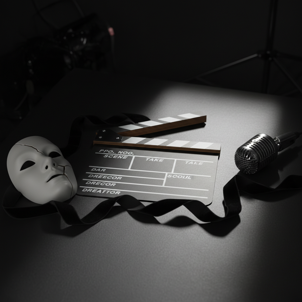 A dramatic close-up of a classic film clapperboard lying on a matte black surface, its slate open at a slight angle. Around it, carefully arranged props symbolize different roles: a delicate porcelain mask, a small vintage microphone, and a minimalistic, dark velvet ribbon evoking red-carpet glamour. A narrow beam of studio light falls diagonally across the scene, emphasizing fine textures and casting long, cinematic shadows. The rest of the frame sinks into rich darkness, with just enough detail to suggest depth. Captured from a slightly elevated angle with a shallow depth of field, the clapperboard lettering is implied but not readable, preserving elegance and mystery while evoking high-quality production stills.